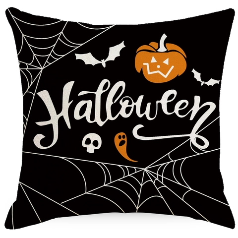 Funda de Almohada de Lino de Halloween Cuadrada Impresión de Zucca Pipistrello Ragnatela Fantasma per Divano Casa Decorazione