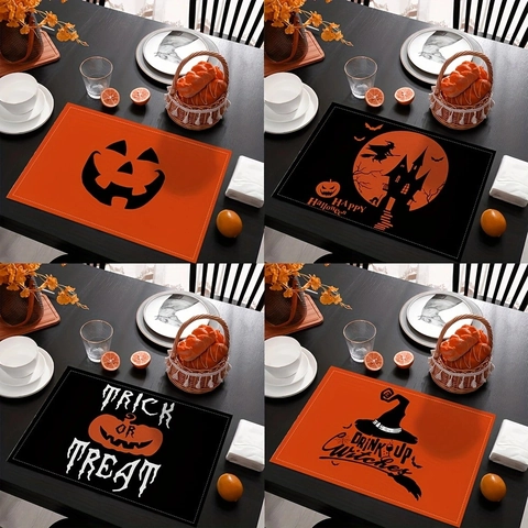 Tovaglietta di Halloween in Poliestere Lino Impermeabile Resistente al Calore Zucca Strega Castello Modello Decorazione Pranzo Festa