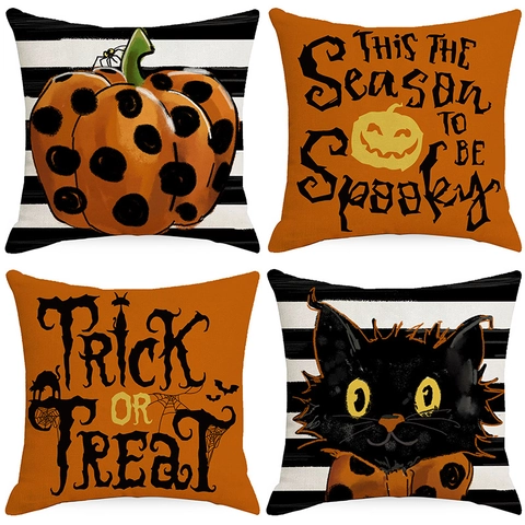Halloween Leinen Kopfkissenbezug Kürbis Schwarze Katze Muster Trick Or Treat Druck Heim Dekoration Kissenbezug Für Party
