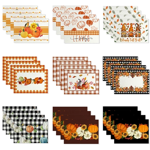 Tovaglietta Stampata a Tema Ringraziamento Autunno Zucca Foglia di Acero Impermeabile Lino Poliestere Resistente al Calore Decor