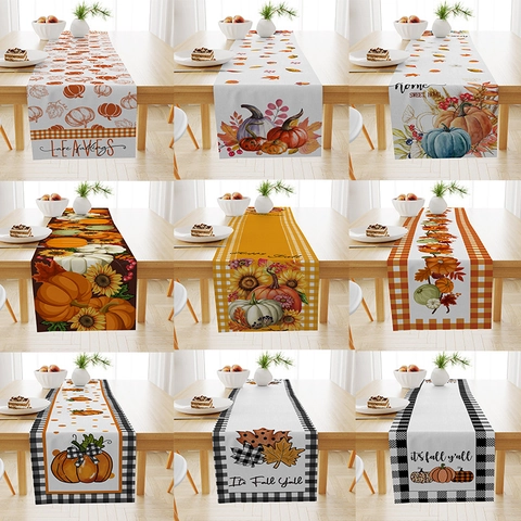 Autumn Pumpkin Maple Leaf Linen Table Runner Thanksgiving Harvest Farmhouse Kitchen Dining Room Party Table Decor ZQ23