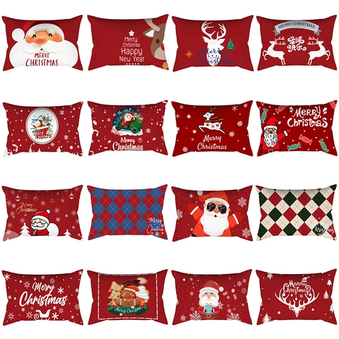 Red Christmas Lumbar Pillowcase Santa Claus Reindeer Snowflakes Printed Polyester Cushion Cover Holiday Home Decor