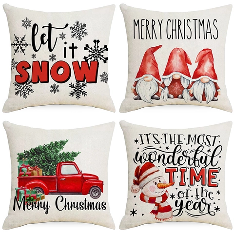 Christmas Linen Cushion Cover Decorative Pillow Case Snowman Red Truck Gnome Snowflake For Sofa Home Decor Xmas Gift