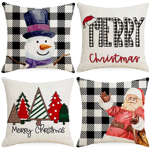Nordisch Weihnachten Flachs Kissenbezug Weihnachtsmann Schneemann Muster Büffelkaromuster Quadratischer Kissenhülle Für Wohnzimmer Dekoration