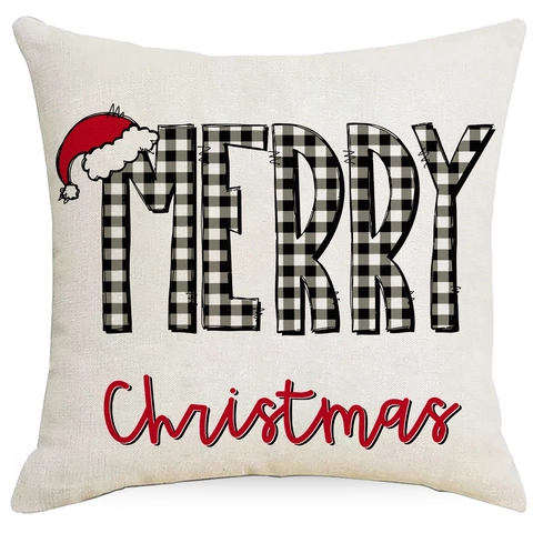 Nordisch Weihnachten Flachs Kissenbezug Weihnachtsmann Schneemann Muster Büffelkaromuster Quadratischer Kissenhülle Für Wohnzimmer Dekoration