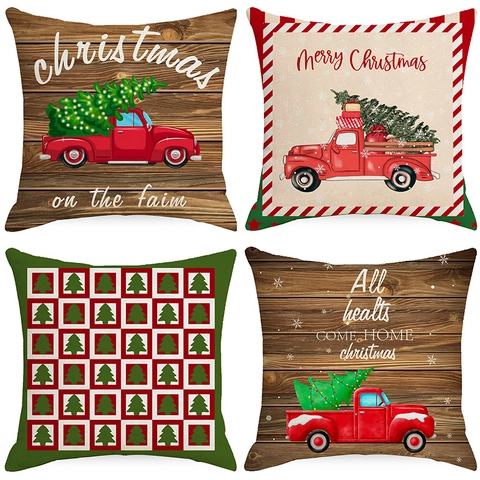 Vintage Roter LKW Weihnachtsbaum Kissenbezug Leinen Bauernhaus Dekokissenbezug Weihnachten Deko Quadratischer Kissenbezug