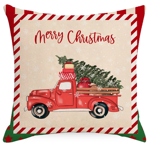 Vintage Roter LKW Weihnachtsbaum Kissenbezug Leinen Bauernhaus Dekokissenbezug Weihnachten Deko Quadratischer Kissenbezug