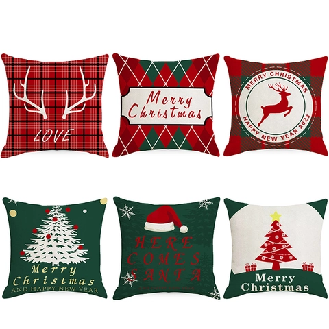 Christmas Pillowcase Linen Printed Xmas Cushion Cover For Sofa Living Room Decor Reindeer Tree Pattern Holiday Pillow Case