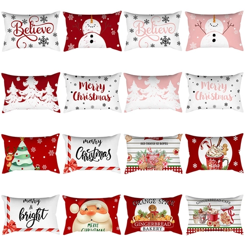 Christmas Rectangular Lumbar Pillow Cover Peach Skin Polyester Printed Cushion Case Santa Reindeer Snowman Home Decor