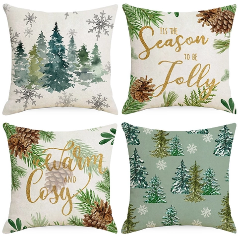 Christmas Pillowcase Linen Blend Square Decorative Cushion Cover Forest Snowflake Pine Tree Pattern For Sofa Home Decor