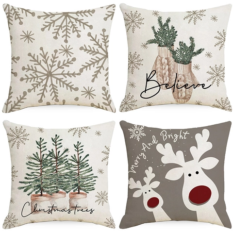 Linnen Kerst Kussensloop Sneeuwvlok Eland Kerstboom Print Kussenhoes Voor Bank Huis Decoratie Vakantie Sierkussen Sloop