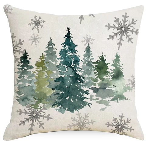 Christmas Pillowcase Linen Blend Square Decorative Cushion Cover Forest Snowflake Pine Tree Pattern For Sofa Home Decor