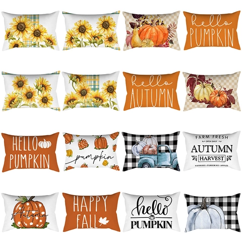 Funda de Cojín de Acción de Gracias de Otoño Girasol Calabaza Hoja de Arce Estampado Funda de Almohada Decorativa Sofá