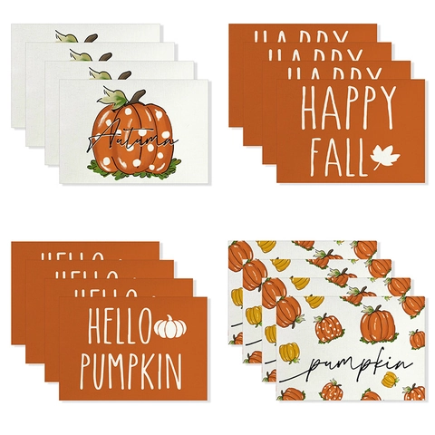 Thanksgiving Autumn Placemats Heat Resistant Non-slip Polyester Pumpkin Sunflower Maple Leaf Print Dining Table Decor Place Mats