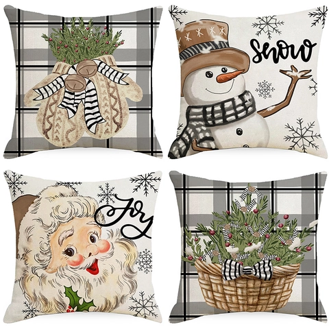 Fodera Per Cuscino Natalizia In Lino Con Pupazzo Di Neve Babbo Natale Plaid Decorativo Quadrato Per Divano Soggiorno Casa