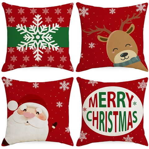 Funda de Cojín Estampada de Navidad Patrón Festivo de Papá Noel Reno Copo de Nieve Funda de Almohada de Poliéster para Sofá Sala de Estar Hogar Decoración