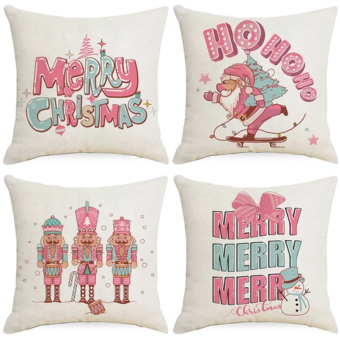 Festive Pink Christmas Pillow Case Polyester Decorative Cushion Cover With Santa Claus Nutcracker Print For Home Sofa Decor