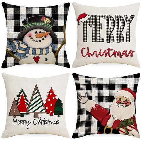 Kerst Kussenhoes Polyester Sierkussenhoes Kerstman Sneeuwpop Bedrukt Buffalo Ruit Feestelijke Huis Sofa Decoratie