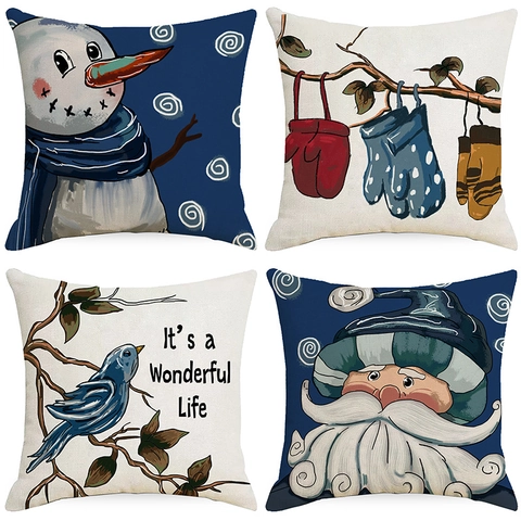 Weihnachten Deko Kissenbezug Cartoon Schneemann Gnom Winter Druck Polyester Leinenstruktur Kissenhülle Für Sofa Zuhause Dekor