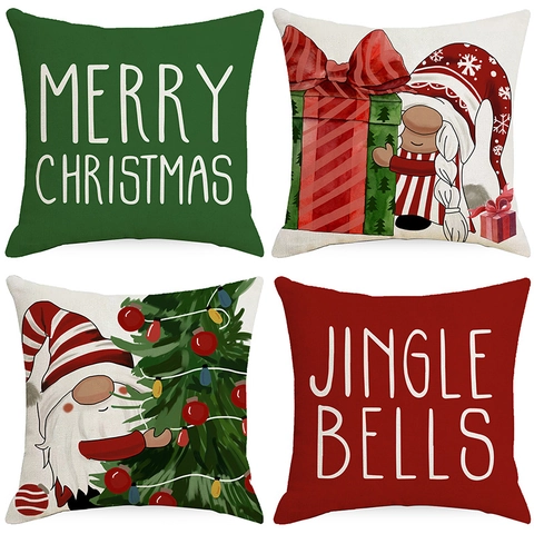 Christmas Throw Pillowcase Polyester Cushion Cover Merry Christmas Jingle Bells Letter Print Cartoon Gnome Decorative Home Sofa Pillow Case