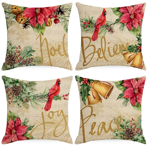 American Vintage Christmas Linen Throw Pillow Case Festive Poinsettia Cardinal Printed Square Cushion Cover For Sofa Home Decor