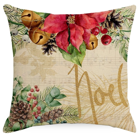 American Vintage Christmas Linen Throw Pillow Case Festive Poinsettia Cardinal Printed Square Cushion Cover For Sofa Home Decor