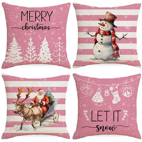 Christmas Pink White Decorative Pillowcase Polyester Printed Santa Claus Snowman Xmas Tree Cushion Cover For Sofa Living Room Decor
