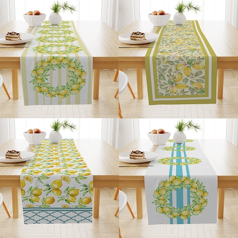 Camino de Mesa de Lino con Estampado de Limón de Verano Nórdico Pastoral con Patrón de Frutas para Cocina Comedor Hogar
