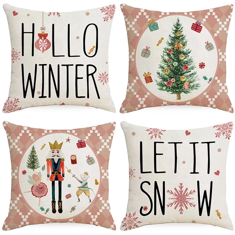 Fundas de Cojín de Navidad Rosa Cascanueces Árbol de Navidad Estampado de Poliéster para Sofá Hogar Decoración Regalo