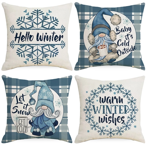Fodera per Cuscino Natalizia Gnomo Fiocco di Neve Blu Inverno Decorativa Poliestere Quadrata Copricuscino per Divano Casa