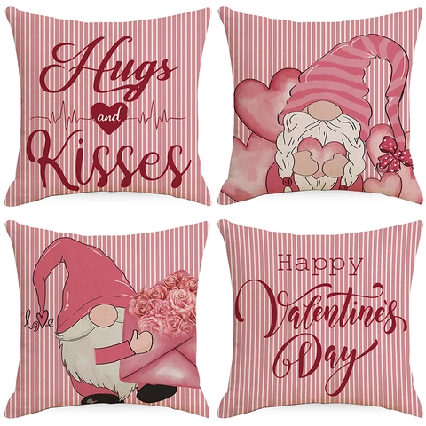 Federa per Cuscino in Poliestere a Righe con Gnomo e Cuore Rosa San Valentino Copricuscino Quadrato per Decorazione