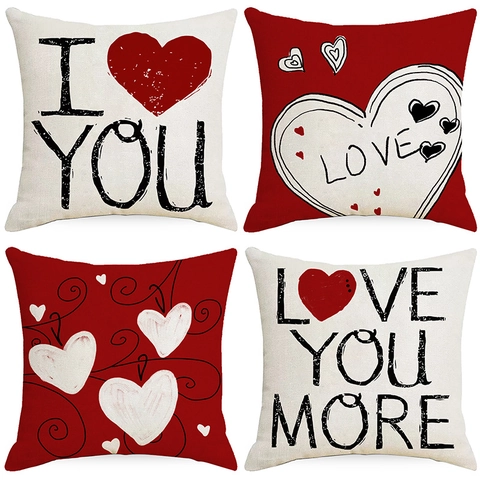 Taie d'Oreiller en Polyester pour la Saint-Valentin Imprimé Cœur Rouge Blanc Amour Romantique Housse de Coussin Décor Sofa