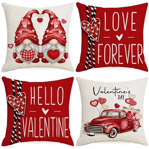 Valentijnsdag Kussensloop Polyester Kabouter Rode Truck Hart Bedrukte Sierkussenhoes Voor Bank Slaapkamer Woonkamer Huis Decor