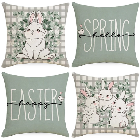 Paashaas Konijn Gingham Polyester Kussenhoes Lente Thema Bedrukte Sierkussenhoes Voor Thuis Bank Kantoor Decor