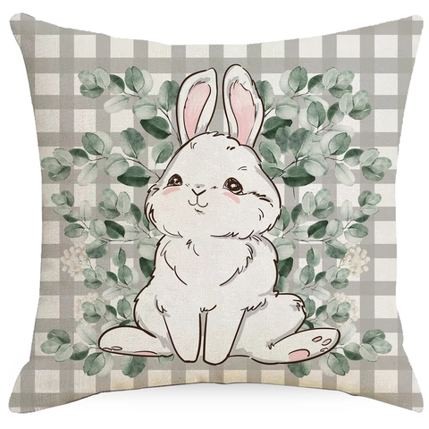 Paashaas Konijn Gingham Polyester Kussenhoes Lente Thema Bedrukte Sierkussenhoes Voor Thuis Bank Kantoor Decor