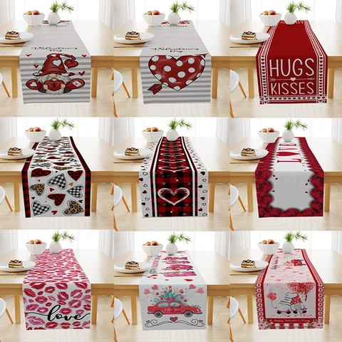 Valentine's Day Table Runner Linen Printed Love Heart Gnomes Red Buffalo Plaid Tablecloth Romantic Wedding Home Dining Table Decor