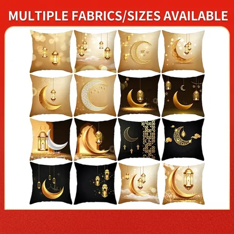 Federa per Cuscino Ramadan Eid Mubarak Stampa Luna Stella Lanterna Dorata in Poliestere Pelle di Pesca Decorativa per Divano Casa