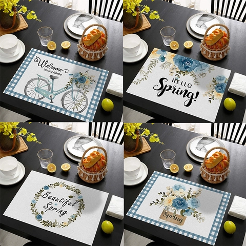 Wasserdichte Baumwolle Leinen Tischsets Frühling Floral Blau Hortensie Sonnenblume Muster Rechteckige Esstisch Matten Dekor