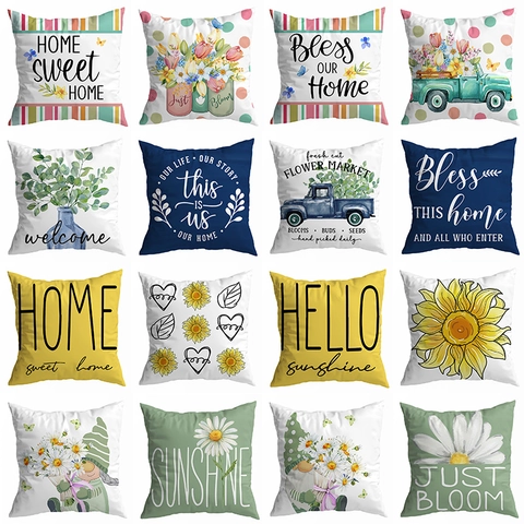 Frühling Sommer Blumen Druck Kissenbezug Pfirsichhaut Polyester Quadratischer Kissenbezug Für Sofa Home Dekor Modern Minimalistisch