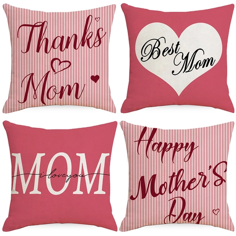 Mother's Day Linen Throw Pillow Cover Pink Striped Heart Pattern Decorative Cushion Case For Sofa Couch Home Decor Gift