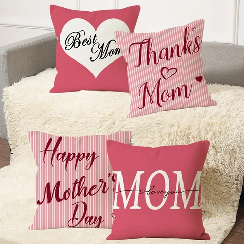 Mother's Day Linen Throw Pillow Cover Pink Striped Heart Pattern Decorative Cushion Case For Sofa Couch Home Decor Gift