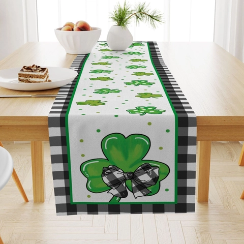Chemin de Table en Lin de la Saint-Patrick Trèfle Vert Carreaux Buffalo Nappe pour Cuisine Salle à Manger Fête Décoration Maison