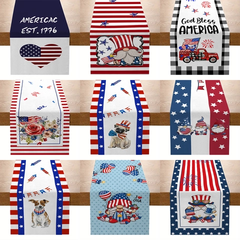 Chemin de Table Jour de l'Indépendance en Lin Motif Étoile Rayures Gnomes Chien Imprimé Nappe Décorative Maison Cuisine