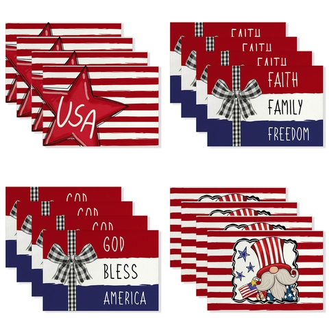 Independence Day Placemat Polyester Heat Resistant Rectangular Table Mat Patriotic American Flag Gnome Printed Dining Table Decor