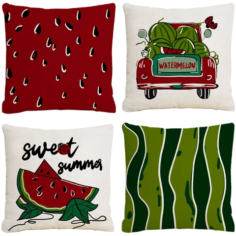 Zomer Watermeloen Kussenhoes Polyester Linnen Vierkante Kussenhoes Cartoon Fruit Bedrukt Huis Sofa Decoratie