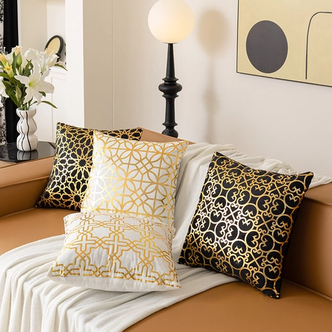 Fundas De Cojín Decorativas Felpa Corta Estampado Dorado Geométrico Retro Lujo Funda De Almohada Sofá Decoración Hogar