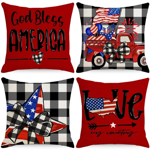 Independence Day Linen Throw Pillow Covers American Flag Red Truck Buffalo Plaid Decorative Cushion Cases For Sofa Home Decor