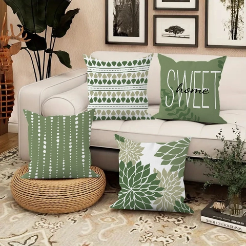 Modern Minimalistisch Kort Pluche Decoratief Kussensloop Groen Abstract Geometrisch Bladprint Vierkante Kussenhoes Voor Sofa Woonkamer