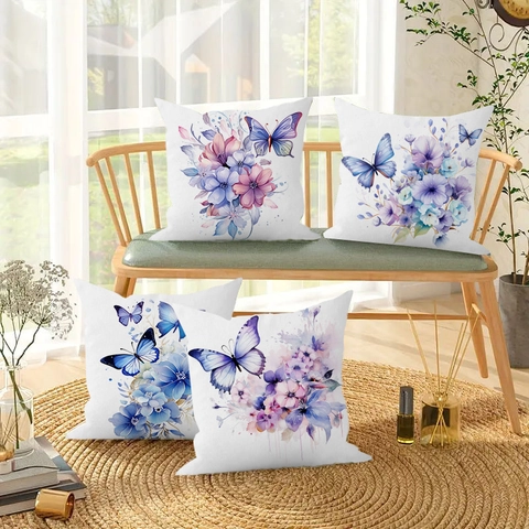 Funda de Almohada de Felpa Corta con Estampado de Mariposa y Flores en Acuarela Funda de Cojín Cuadrada Decorativa para Sofá Casa