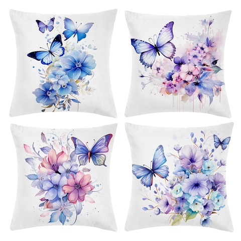 Funda de Almohada de Felpa Corta con Estampado de Mariposa y Flores en Acuarela Funda de Cojín Cuadrada Decorativa para Sofá Casa